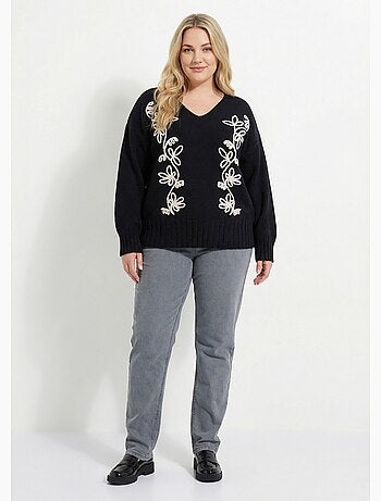 Pull col V avec broderies fleurs - AFIBEL