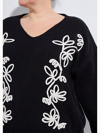 Pull col V avec broderies fleurs - AFIBEL