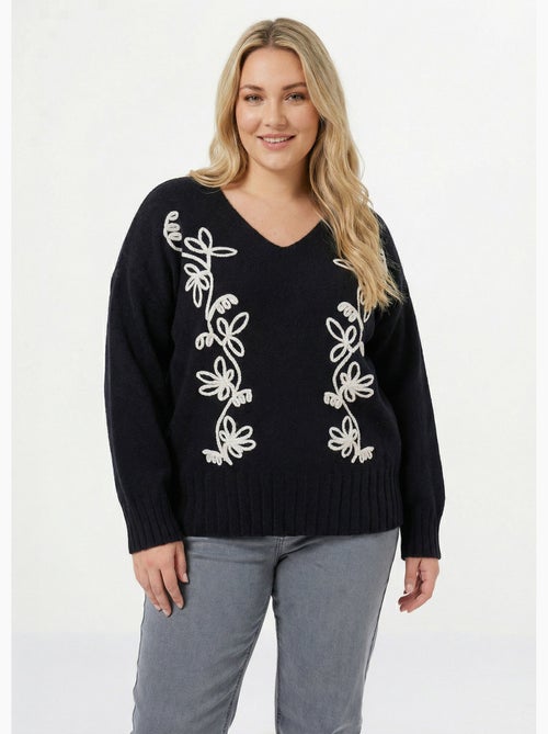 Pull col V avec broderies fleurs - AFIBEL - Kiabi