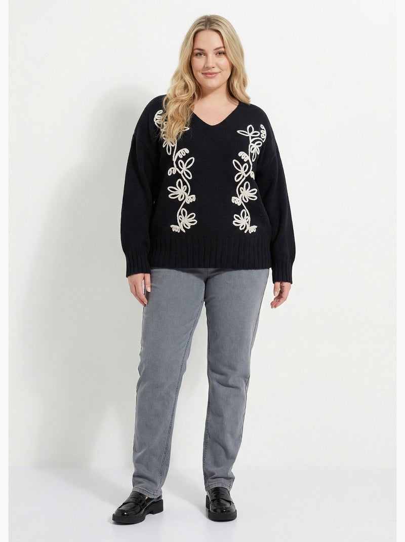 Pull col V avec broderies fleurs - AFIBEL Noir - Kiabi