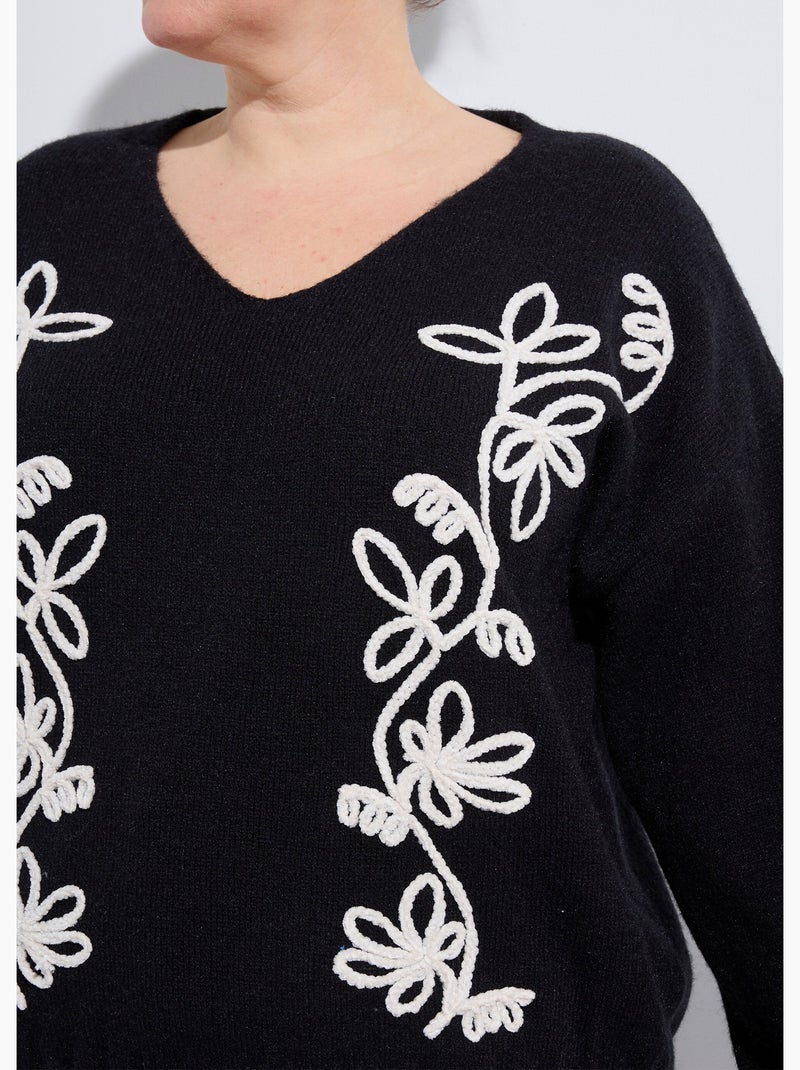 Pull col V avec broderies fleurs - AFIBEL Noir - Kiabi