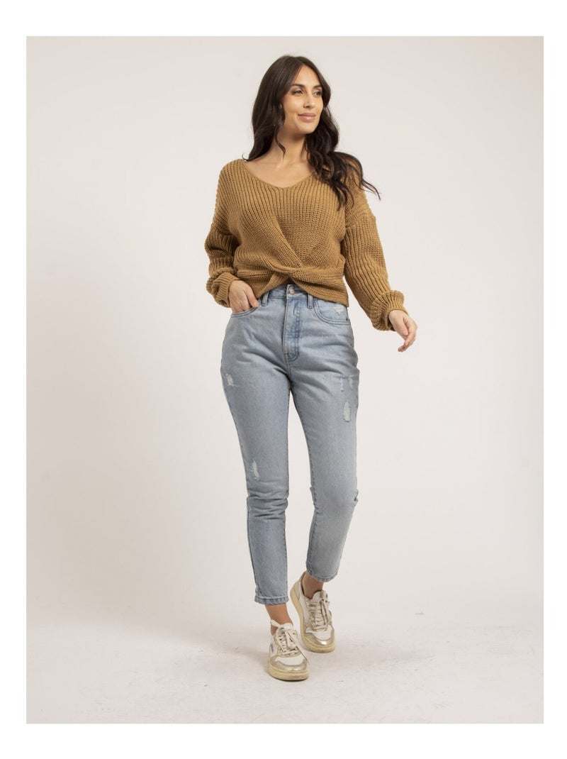 Pull col V avec noeud KIRVINA Beige - Kiabi