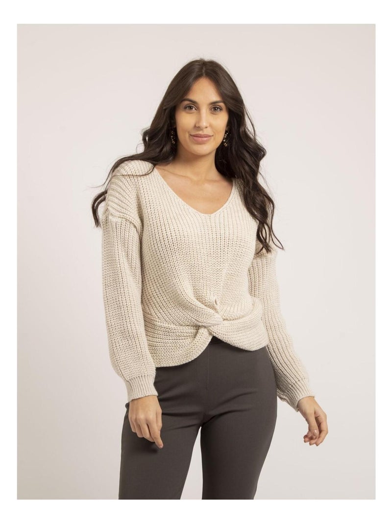 Pull col V avec noeud KIRVINA Ecru - Kiabi
