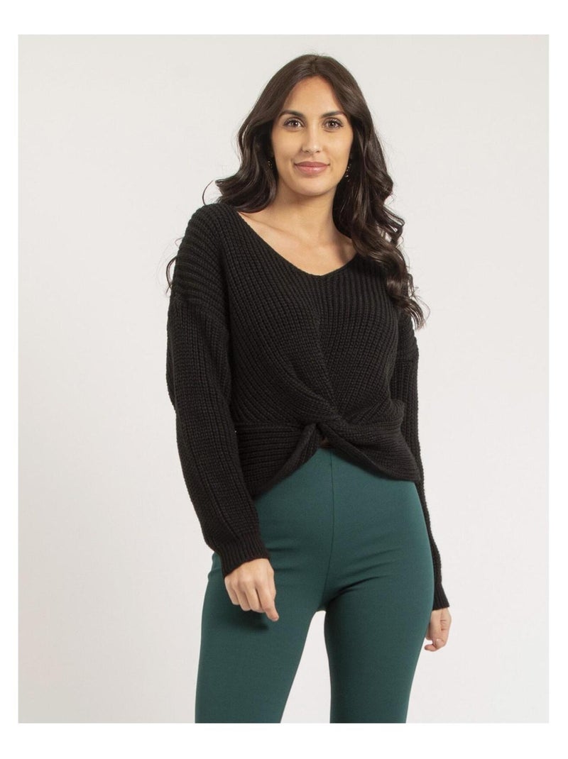 Pull col V avec noeud KIRVINA Noir - Kiabi