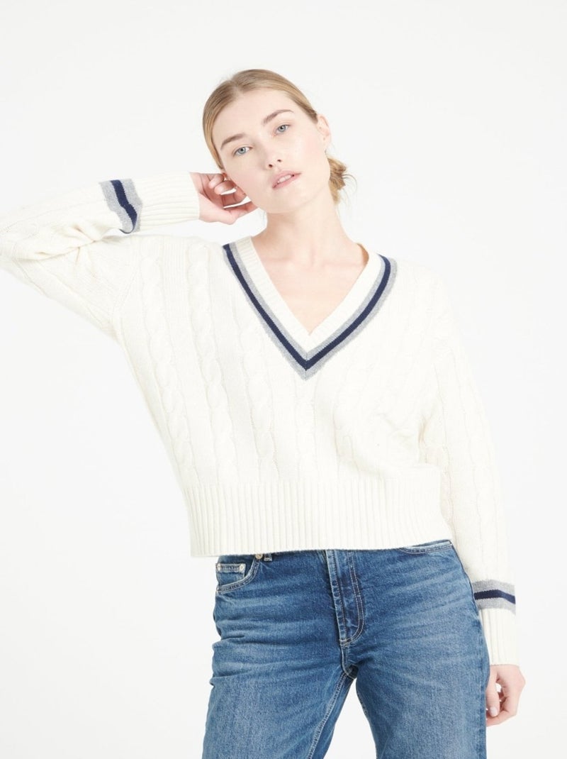 Pull col V cachemire 6 fils  - MIA 10 Blanc Ecru - Kiabi