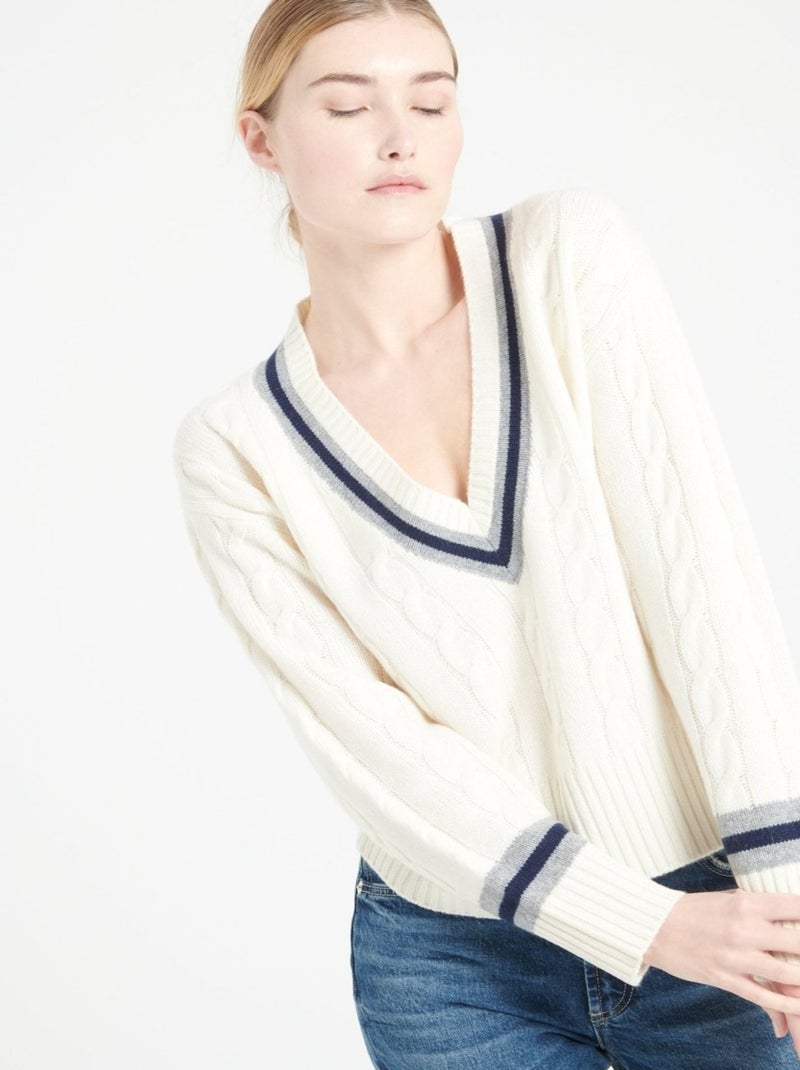 Pull col V cachemire 6 fils  - MIA 10 Blanc Ecru - Kiabi