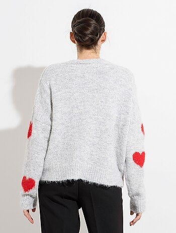 Pull col v chaud en laine avec coeurs - afibel