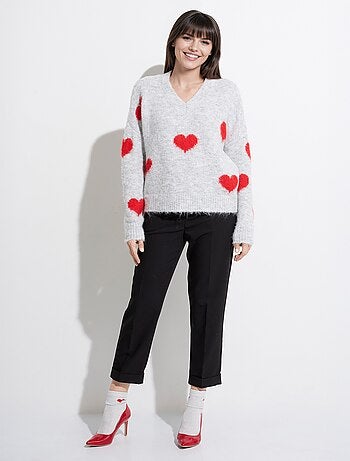 Pull col v chaud en laine avec coeurs - afibel