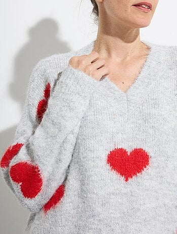 Pull col v chaud en laine avec coeurs - afibel