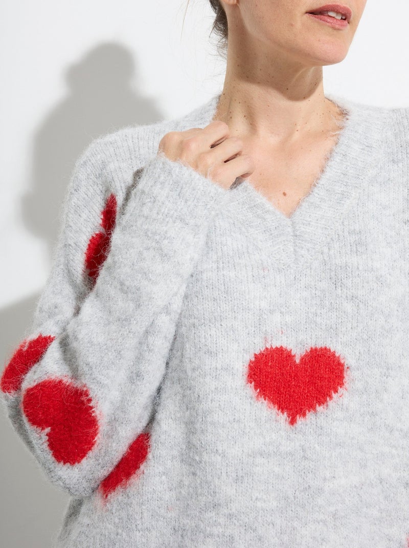 Pull col v chaud en laine avec coeurs - afibel Gris clair - Kiabi