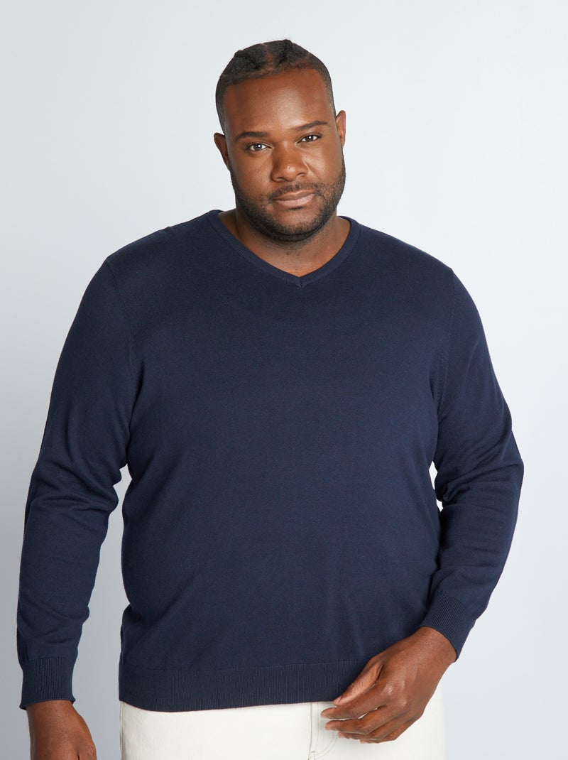 Pull col V en maille à fine jaune bleu marine - Kiabi