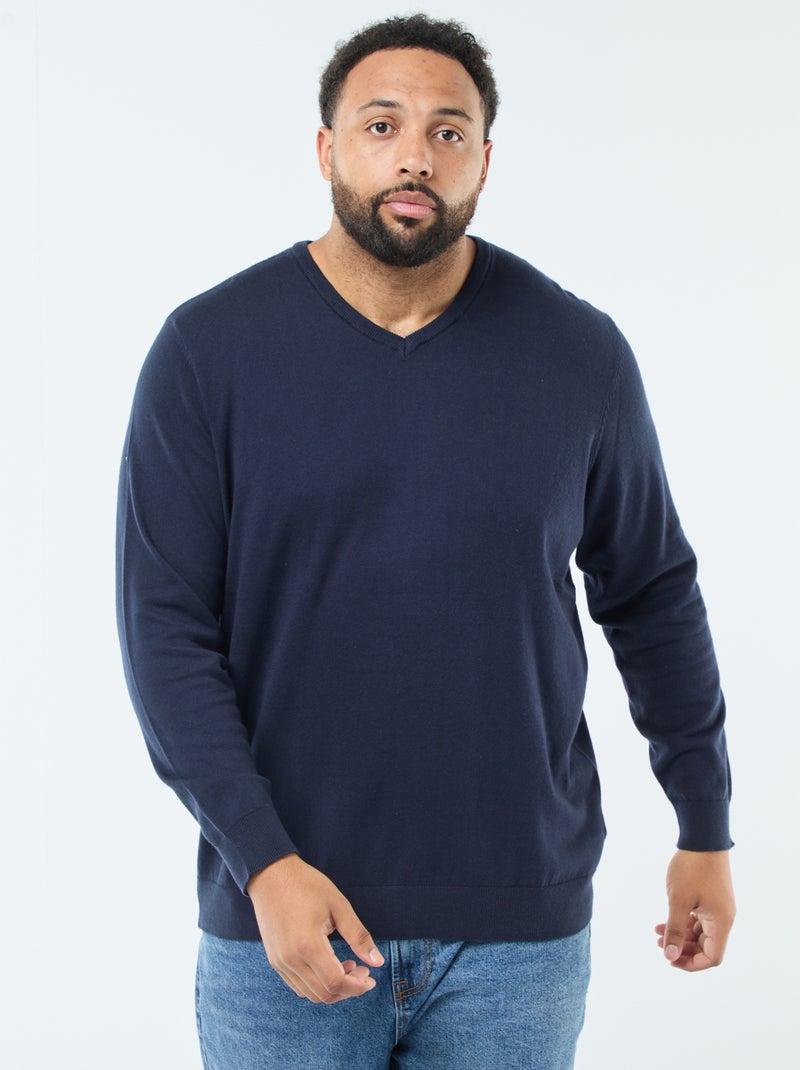 Pull col V en maille fine jauge Bleu marine - Kiabi