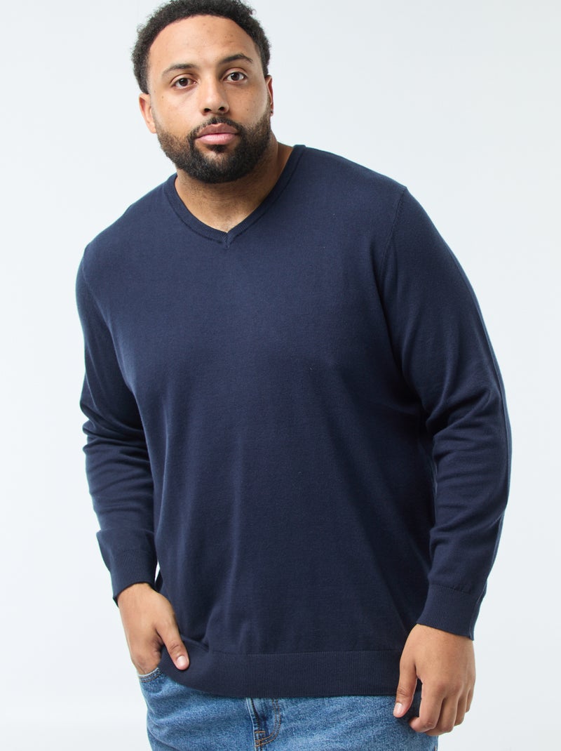 Pull col V en maille fine jauge Bleu marine - Kiabi