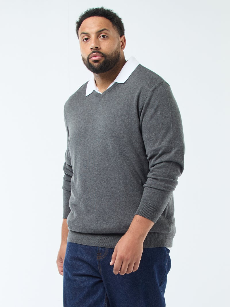 Pull col V en maille fine jauge Gris chiné - Kiabi