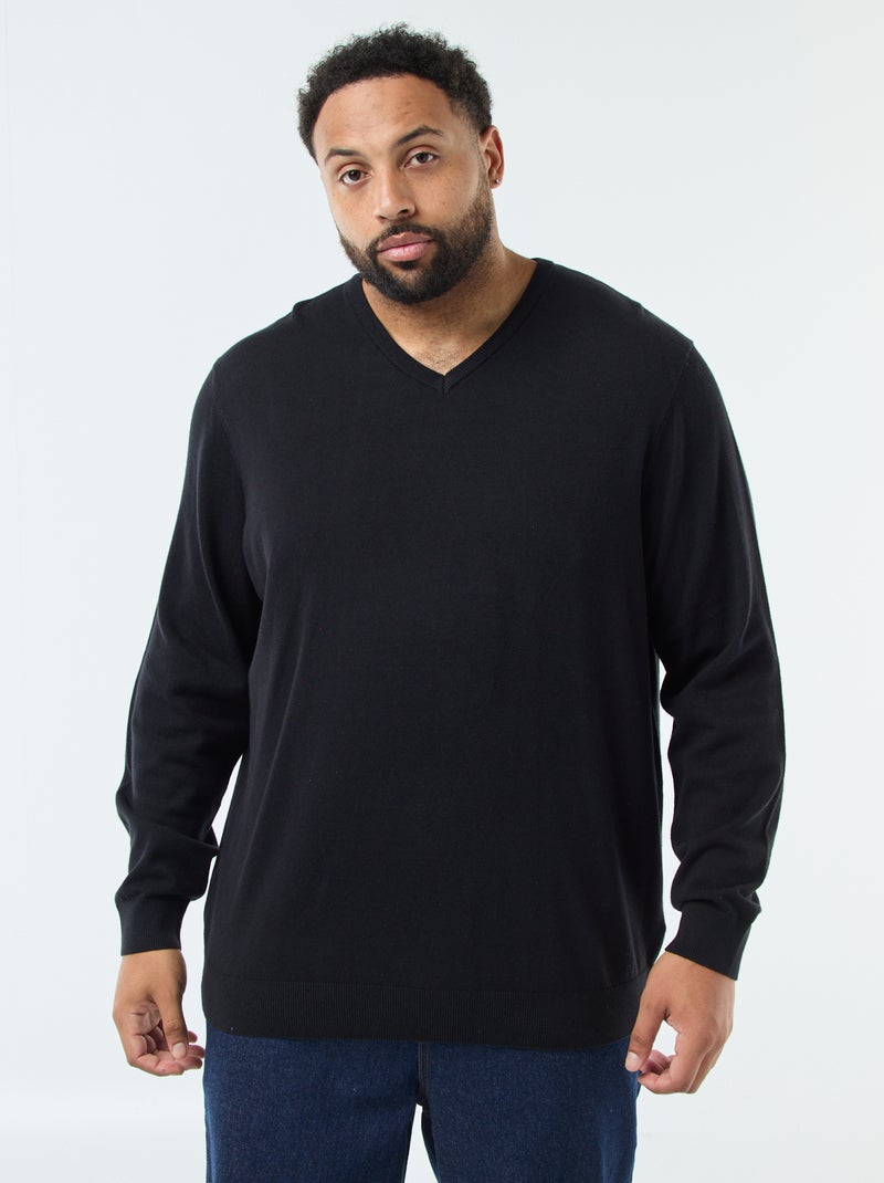 Pull col V en maille fine jauge Noir - Kiabi