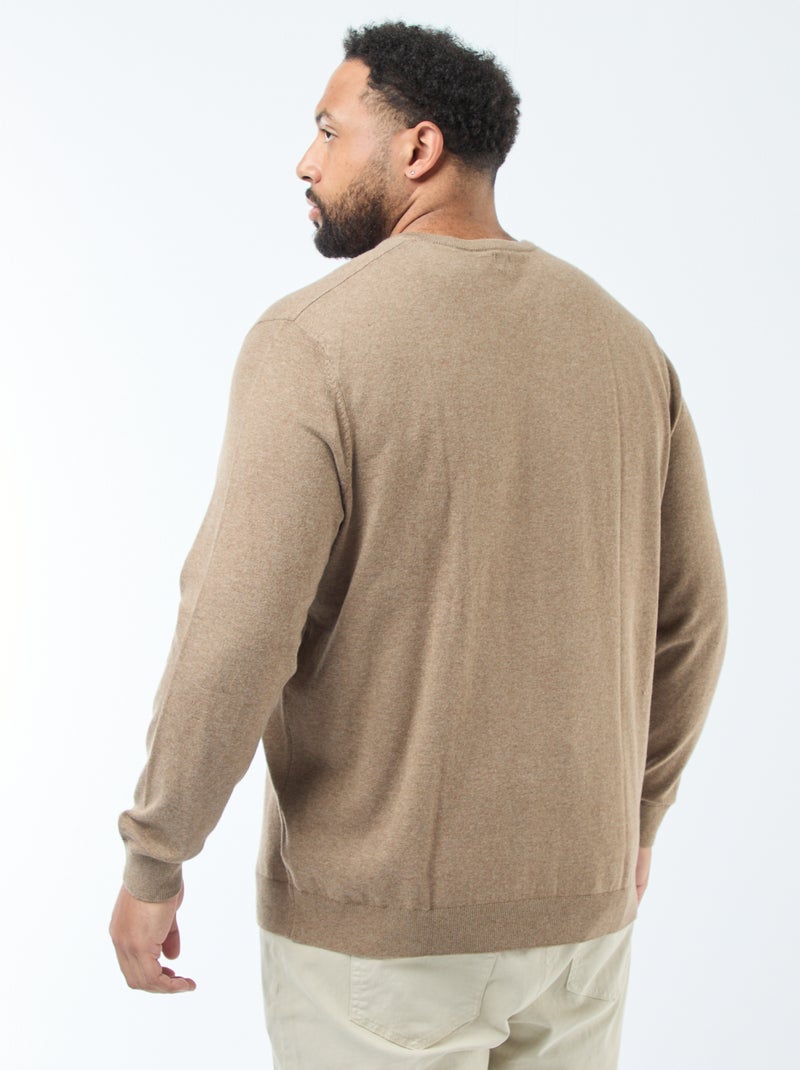 Pull col V en maille fine jauge Taupe - Kiabi