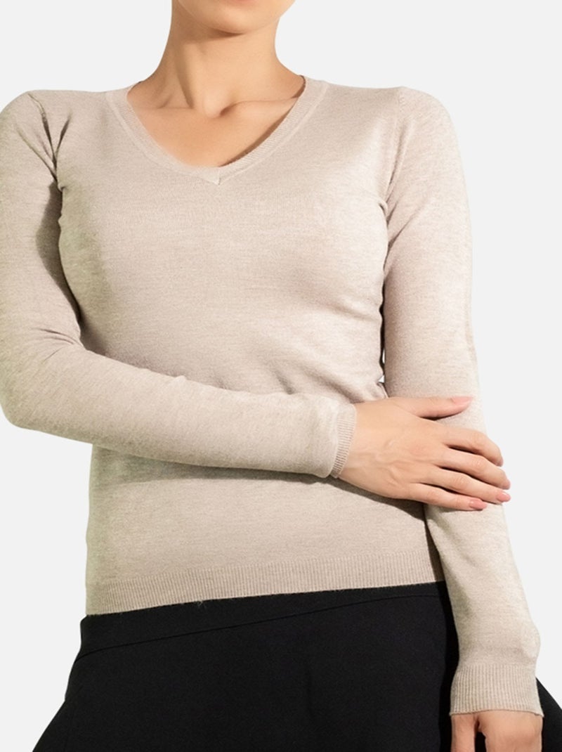 Pull col V en maille Kebello Beige - Kiabi