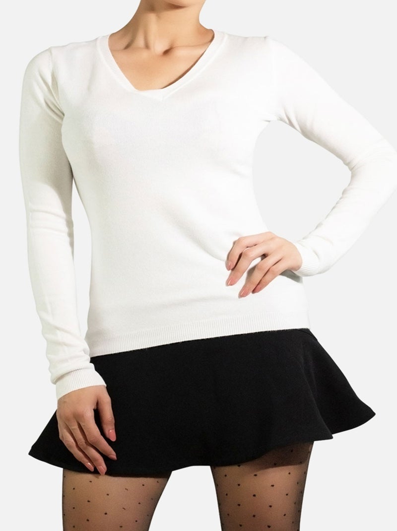 Pull col V en maille Kebello Blanc - Kiabi