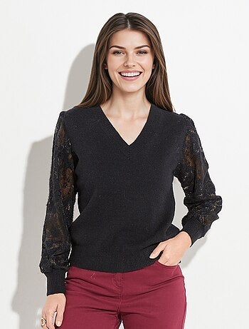 Pull col V en maille, manches dentelle - AFIBEL