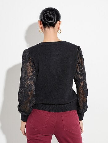Pull col V en maille, manches dentelle - AFIBEL