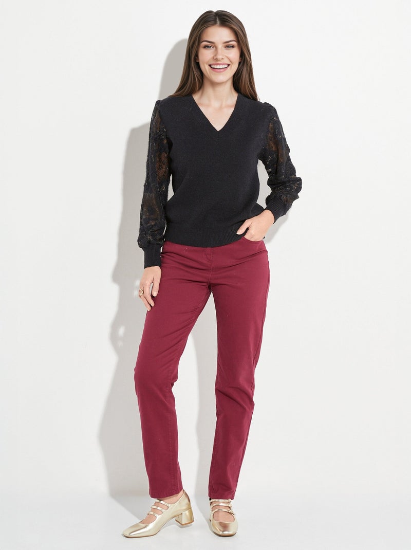 Pull col V en maille, manches dentelle - AFIBEL Noir - Kiabi