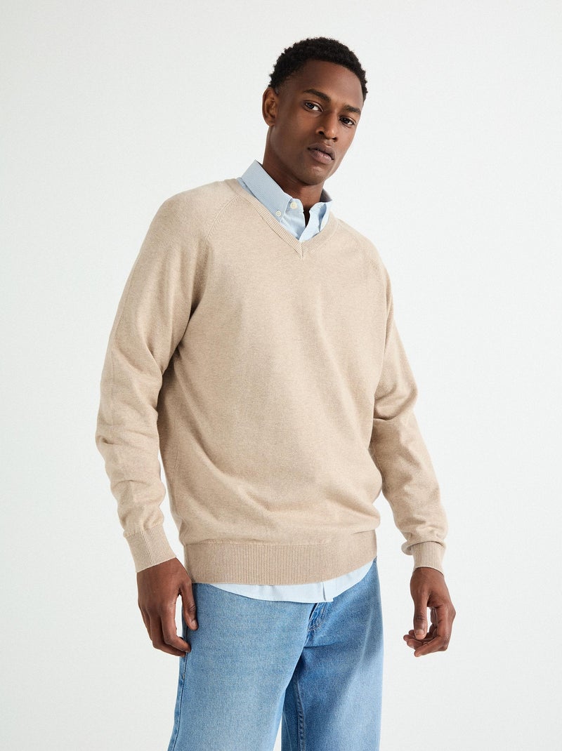 Pull col V en maille pour homme MO Fashion Beige - Kiabi