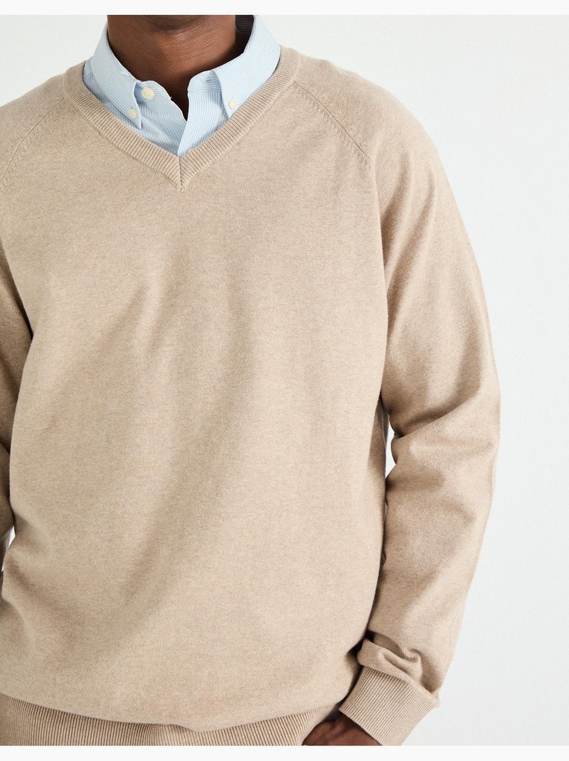 Pull col V en maille pour homme MO Fashion Beige - Kiabi