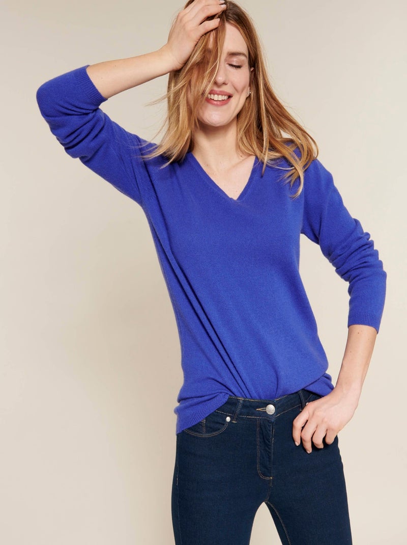 Pull col V en pur cachemire - Damart Bleu - Kiabi