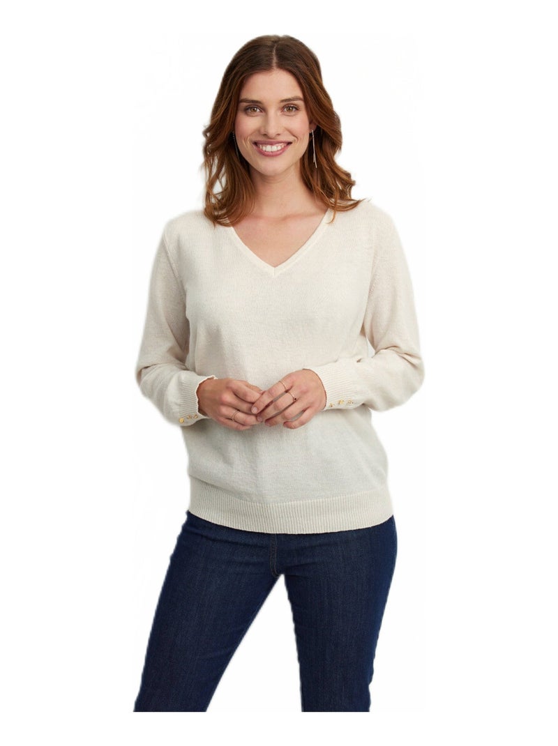 Pull col V fantaisie boutons métal Beige - Kiabi