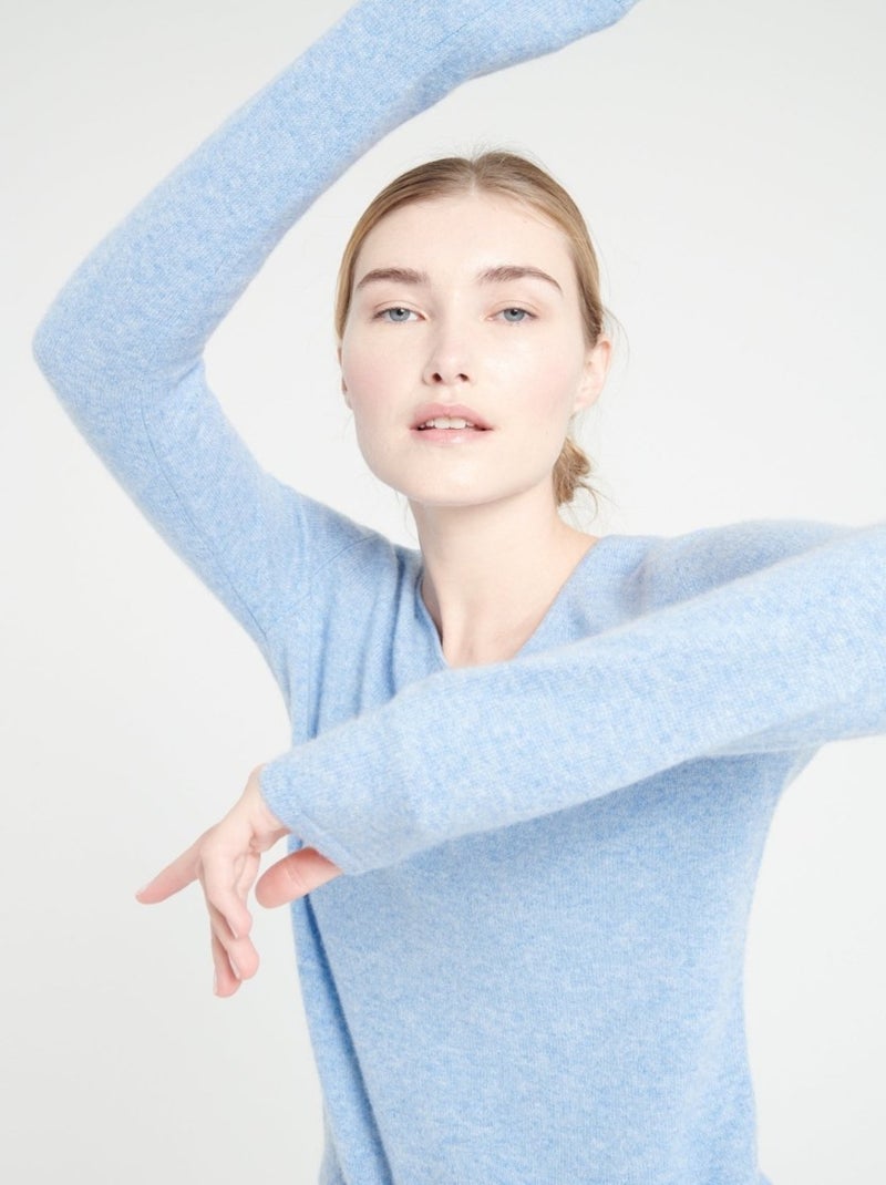 Pull col V femme 100% cachemire - LILLY 2A Bleu ciel - Kiabi