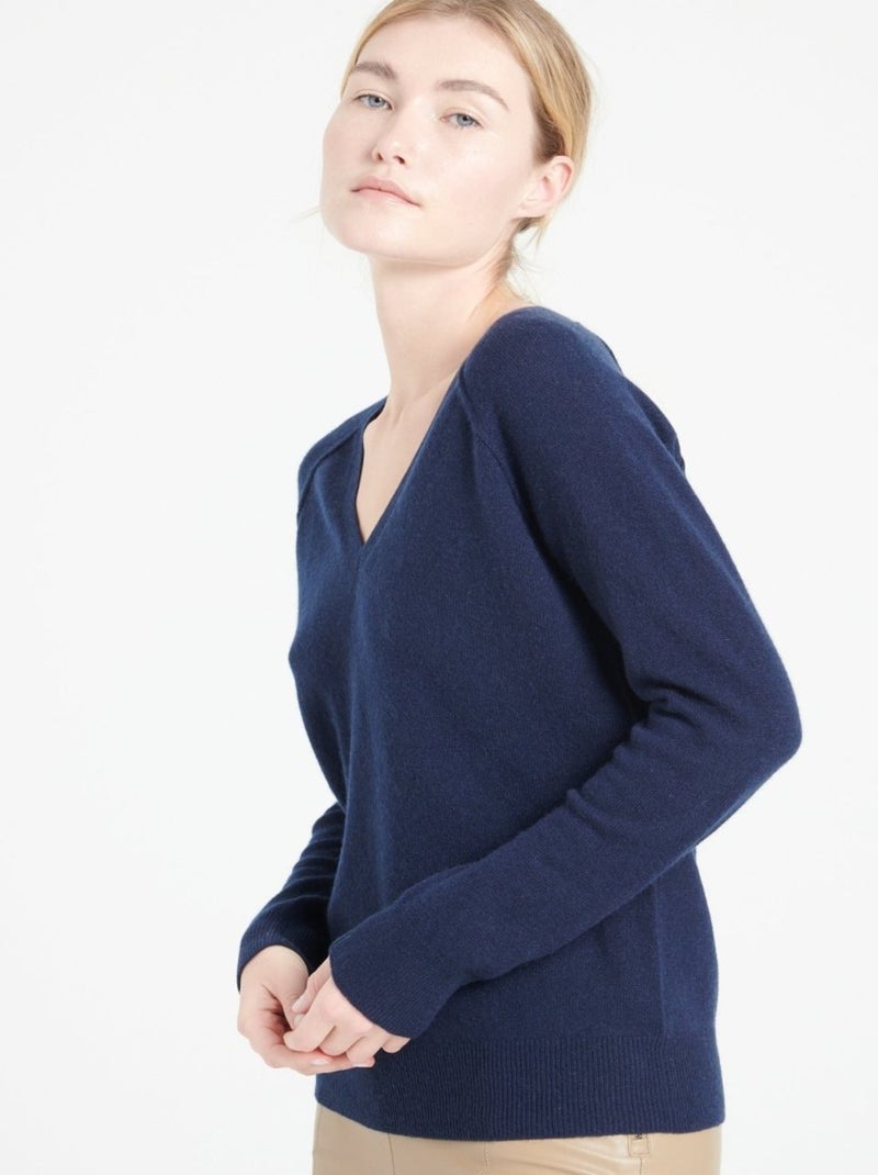 Pull col V femme 100% cachemire - LILLY 6 Bleu marine - Kiabi