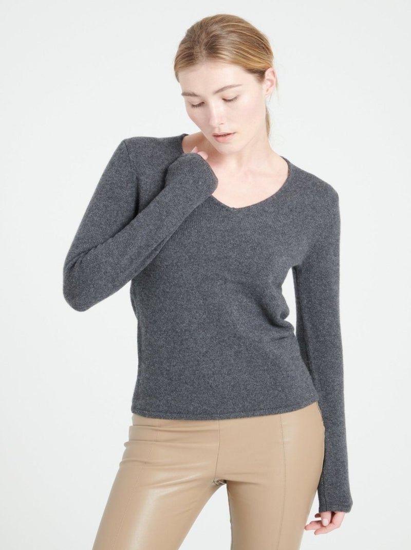 Pull col V femme 100% cachemire 4 fils - LILLY 20 gris anthracite - Kiabi