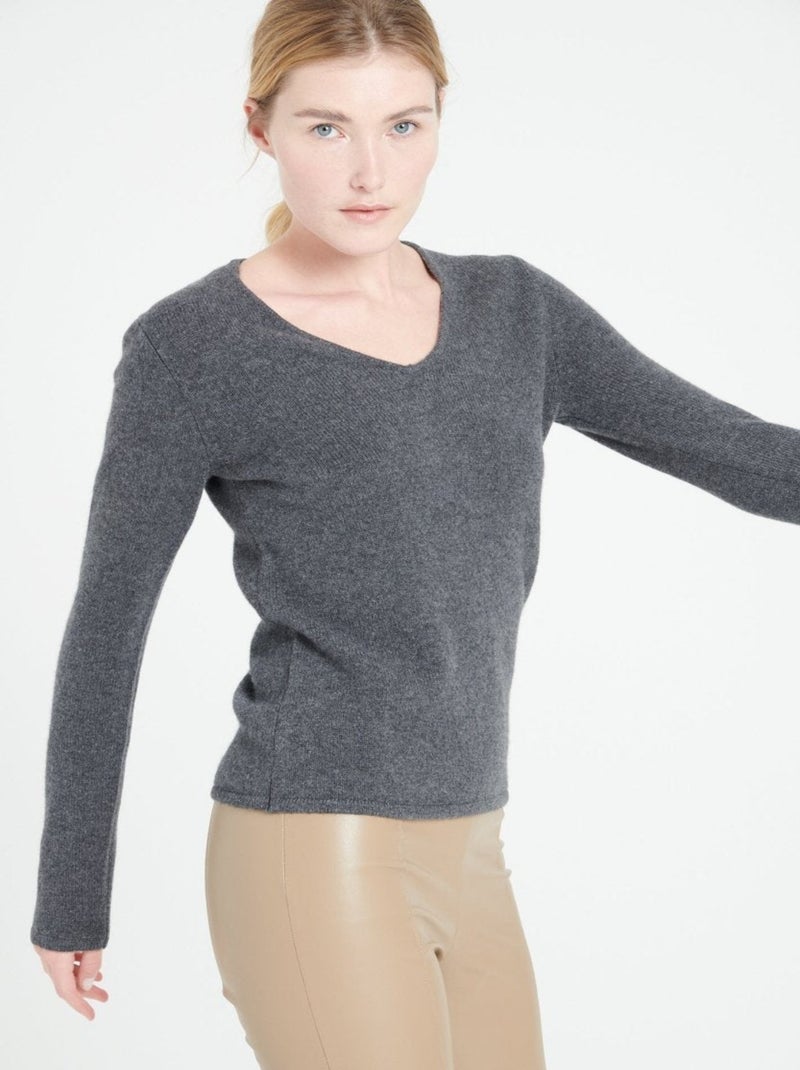 Pull col V femme 100% cachemire 4 fils - LILLY 20 gris anthracite - Kiabi