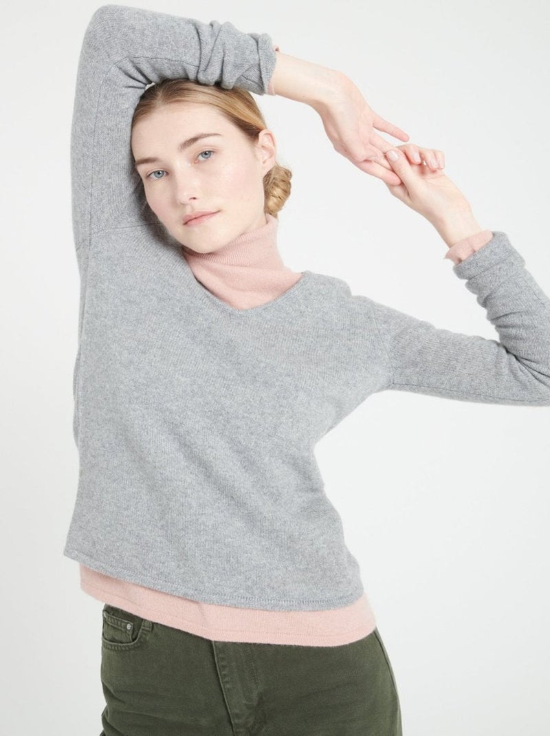 Pull col V femme 100% cachemire 4 fils - LILLY 20 Gris clair - Kiabi