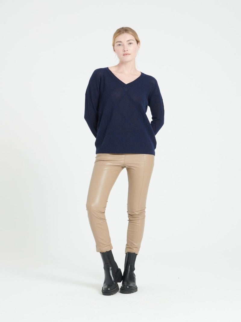 Pull col V femme 100% cachemire ajouré - LILLY 31 Bleu marine - Kiabi