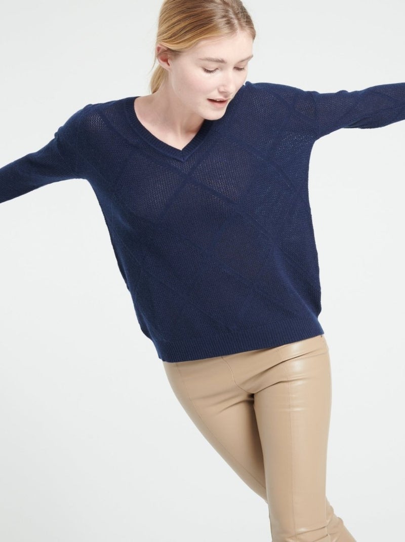 Pull col V femme 100% cachemire ajouré - LILLY 31 Bleu marine - Kiabi