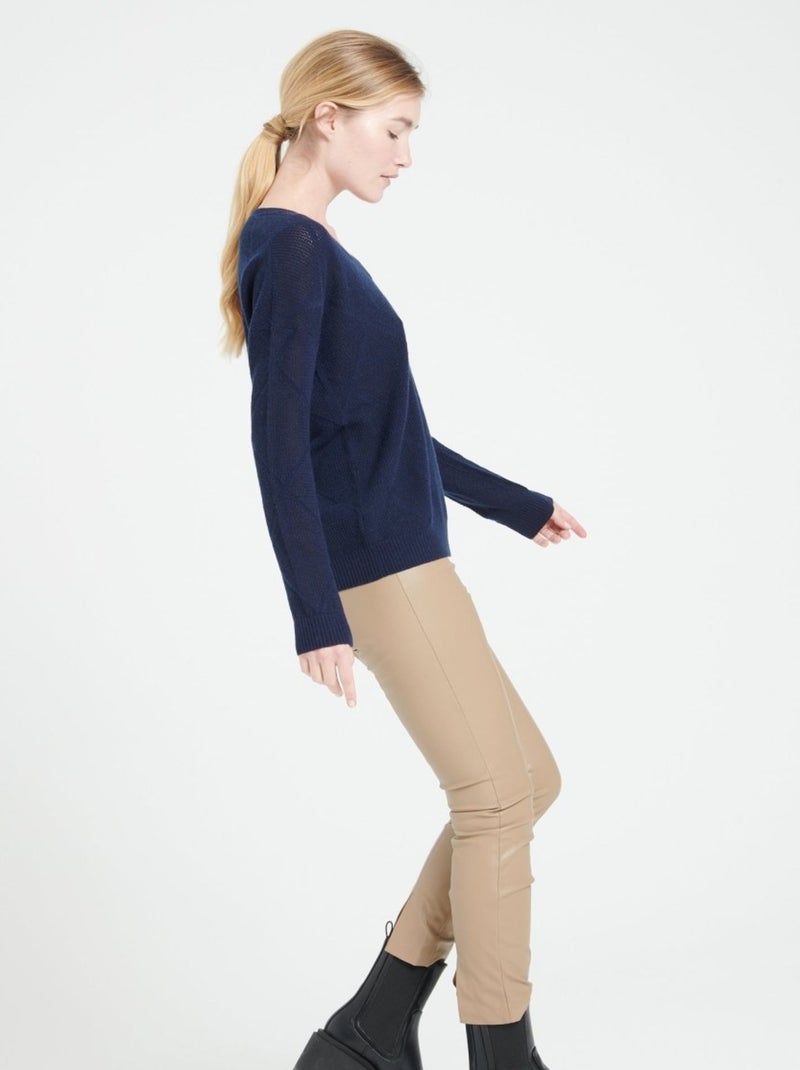Pull col V femme 100% cachemire ajouré - LILLY 31 Bleu marine - Kiabi