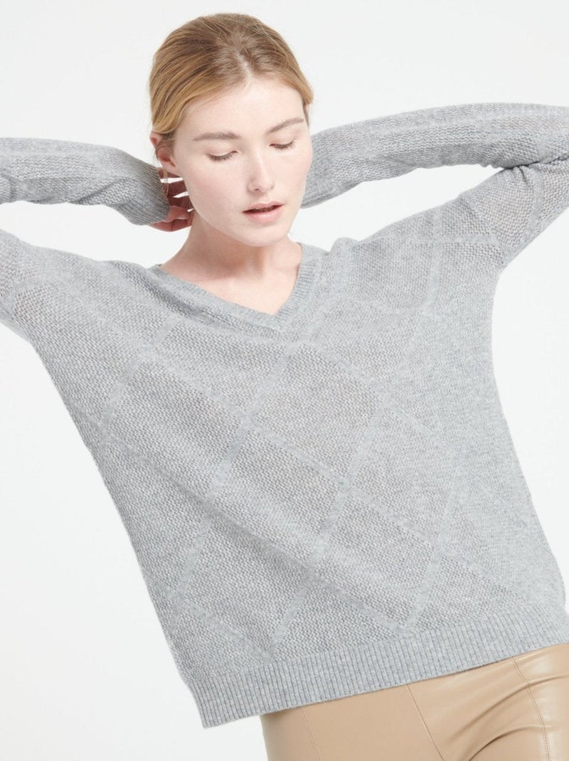 Pull col V femme 100% cachemire ajouré - LILLY 31 Gris clair - Kiabi