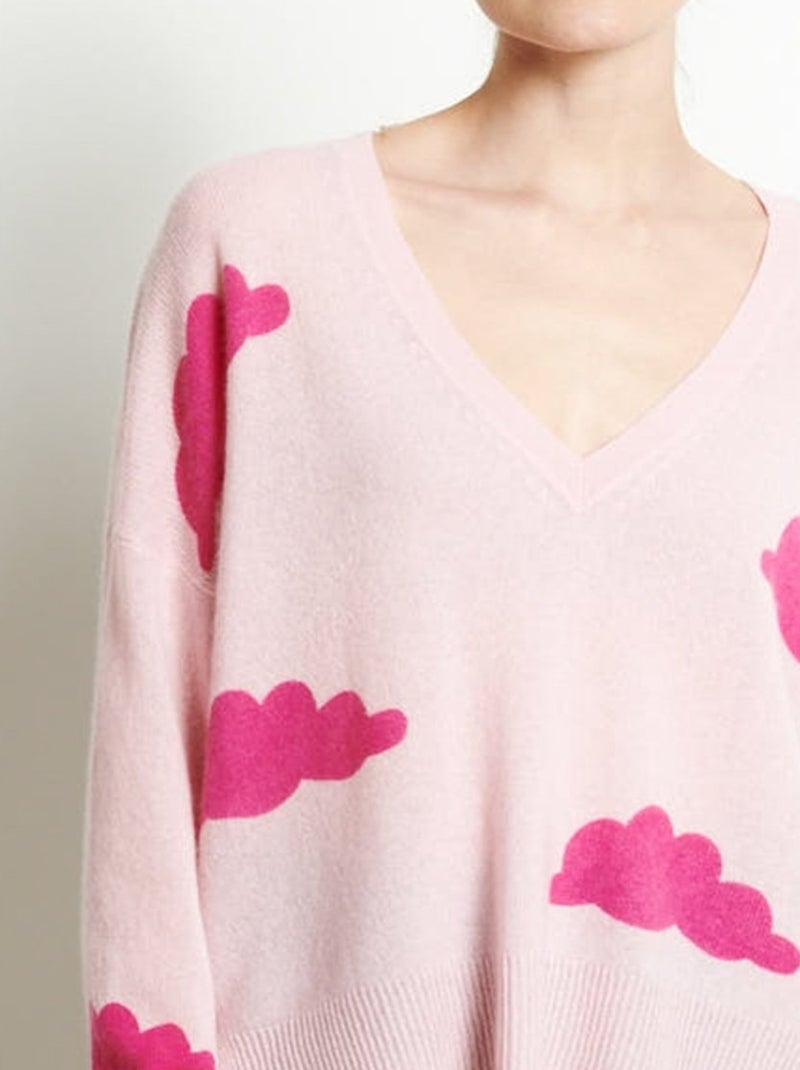 Pull col V femme 100% cachemire imprimé - RIA 20 Rose - Kiabi