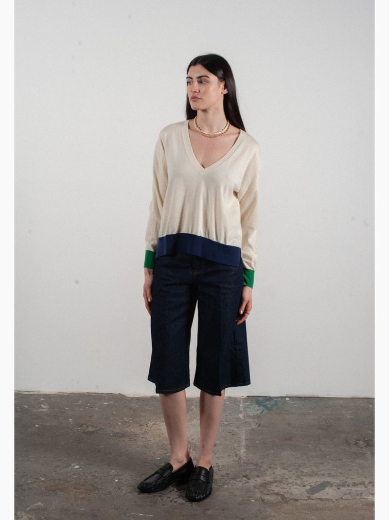Pull col V femme 100% cachemire & laine ultrafin - KELLY 10 Blanc Vert - Kiabi