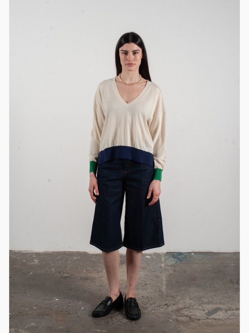 Pull col V femme 100% cachemire & laine ultrafin - KELLY 10 Blanc Vert - Kiabi
