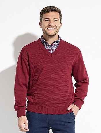 Pull col V maille fantaisie avec laine