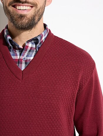 Pull col V maille fantaisie avec laine