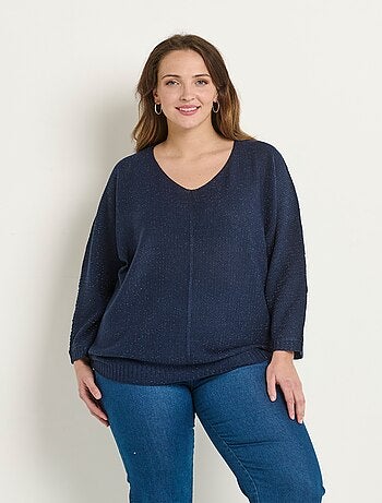 Pull col V maille fantaisie métallisée