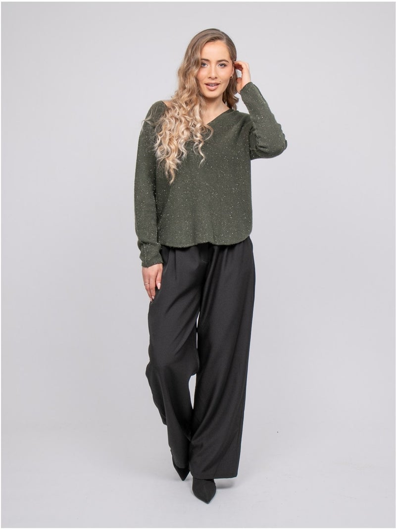 Pull col v maille fil brillant kassiane Kaki - Kiabi