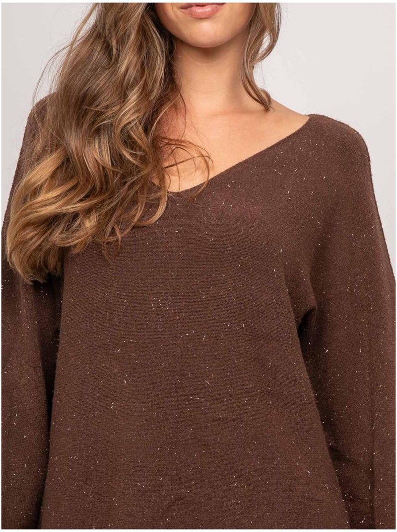 Pull col v maille fil brillant kassiane Marron - Kiabi