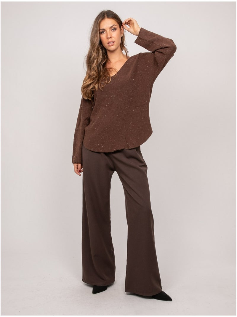 Pull col v maille fil brillant kassiane Marron - Kiabi