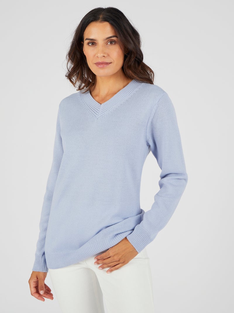 Pull col "V" maille jersey - Damart Bleu gris - Kiabi