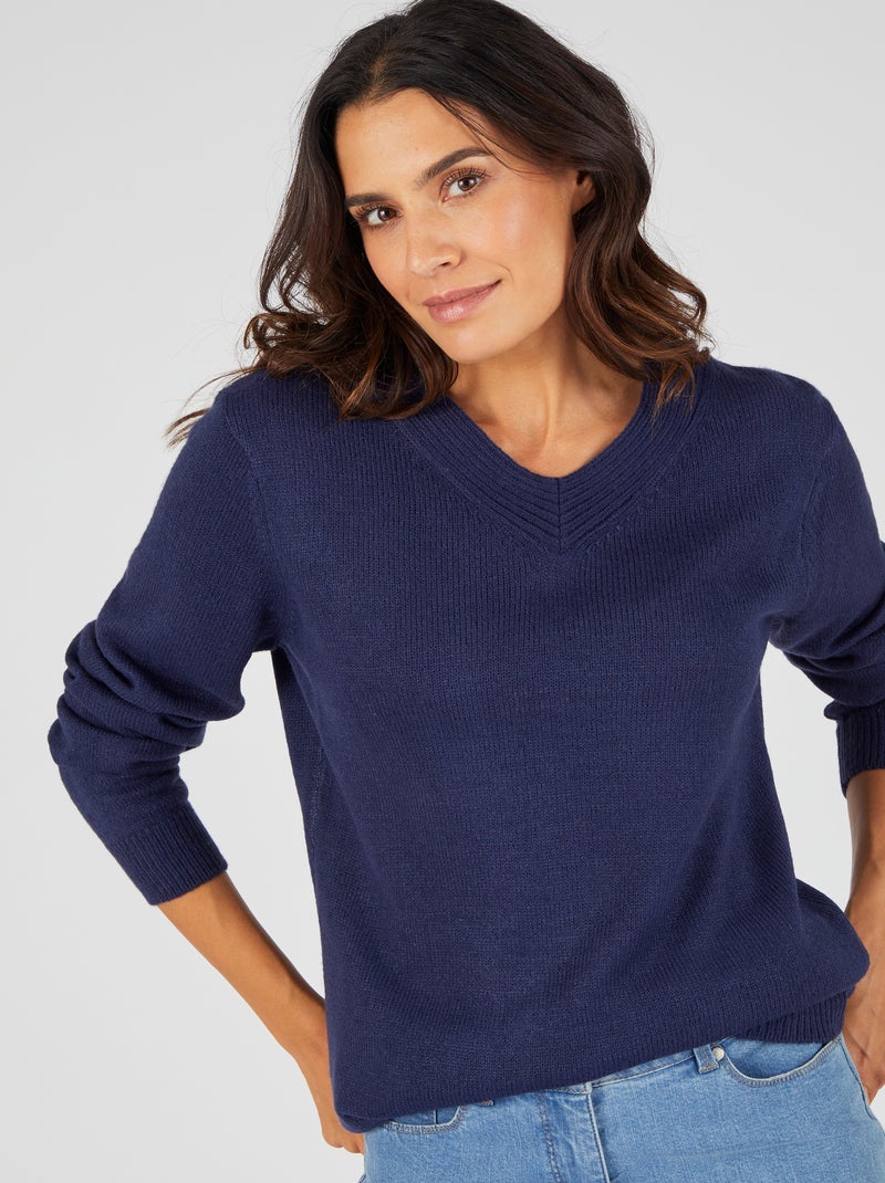 Pull col "V" maille jersey - Damart Bleu marine - Kiabi