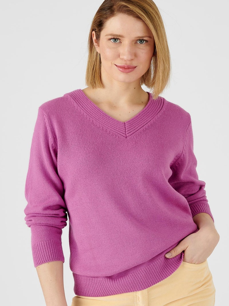 Pull col "V" maille jersey - Damart Mauve - Kiabi